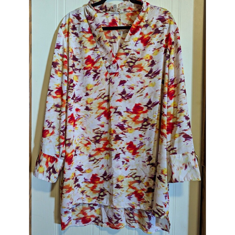 Terra & Sky Women's Plus 2X Multicolor Abstract V-Neck Long Sleeve Tunic Autumn